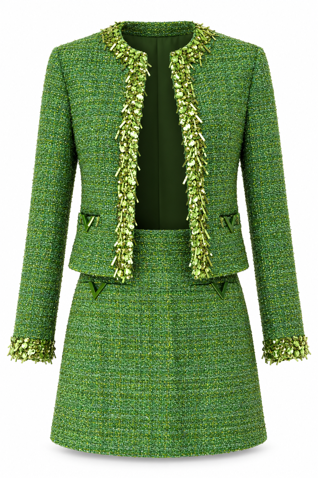 Valentino Green Sequin Tweed Jacket & Skirt Set