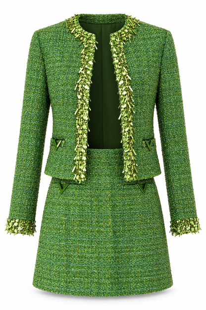 Valentino Green Sequin Tweed Jacket & Skirt Set