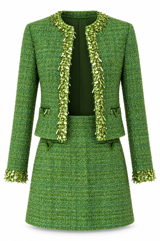 Valentino Green Sequin Tweed Jacket & Skirt Set