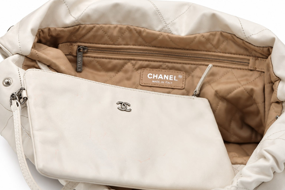 Chanel Quilted Fabric Logo Charm Chain Tote White SHW