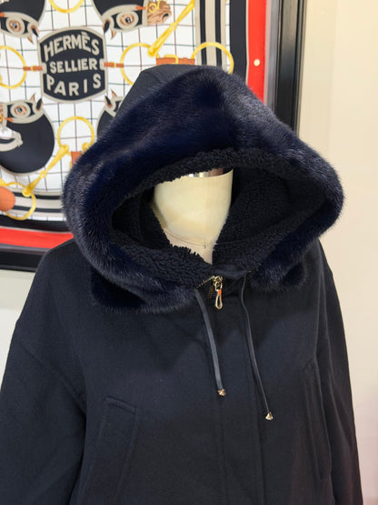 Valentino Midnight Blue Mink Pocket Hooded Coat