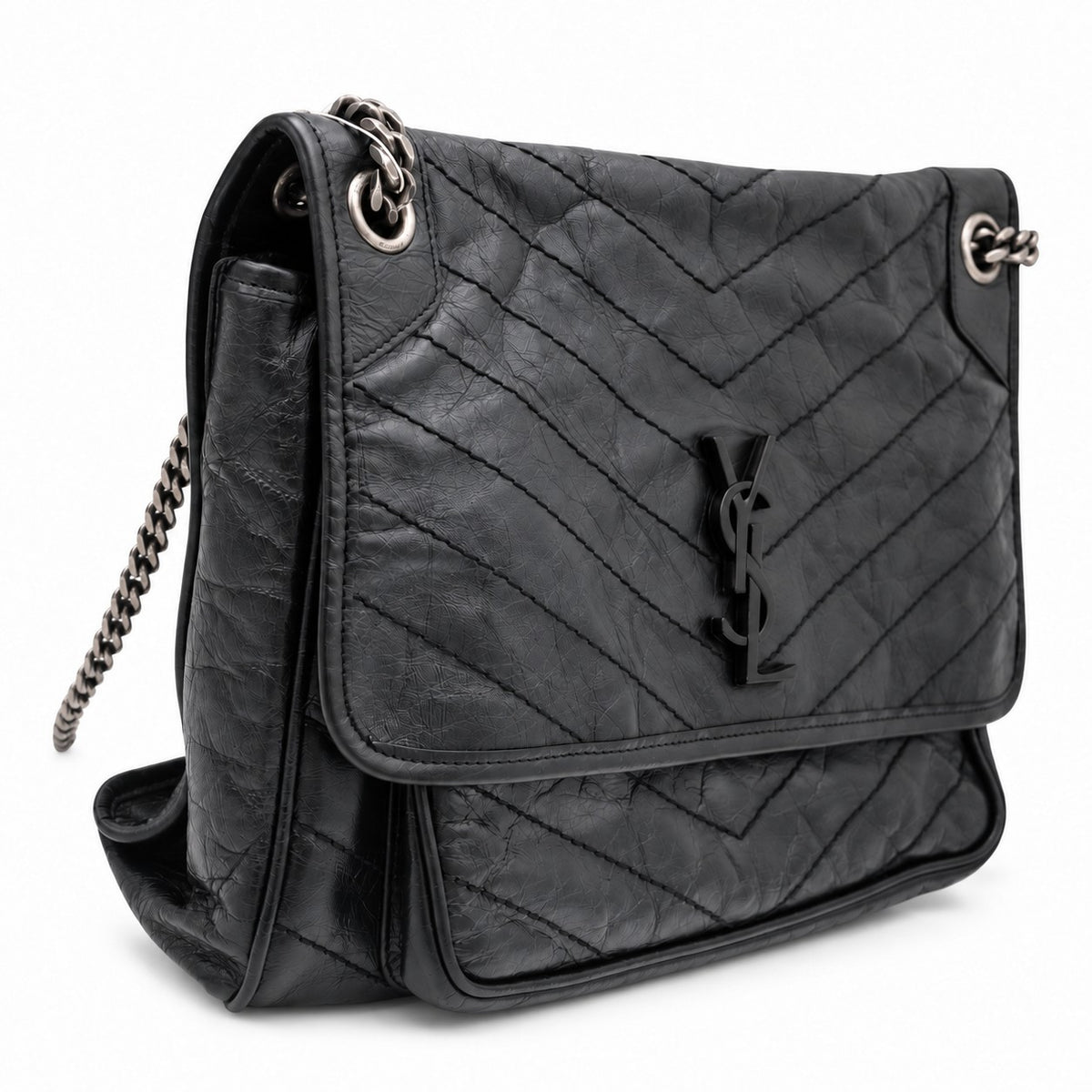 Saint Laurent Niki Crinkled Leather  Medium Shoulder Bag Black