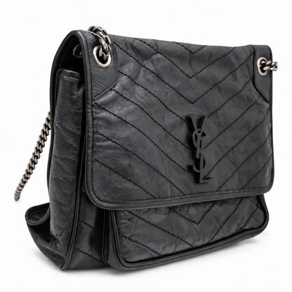Saint Laurent Niki Crinkled Leather  Medium Shoulder Bag Black