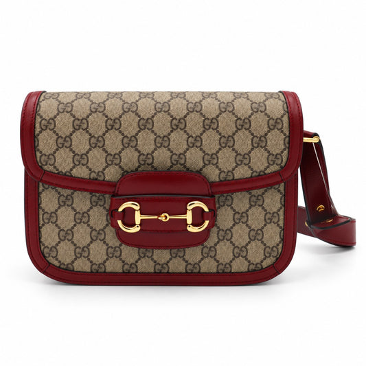 Gucci GG Supreme Canvas Horsebit 1955 Shoulder Bag Beige Red GHW