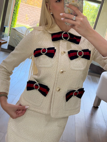 Gucci Ivory Bow Crystal Tweed Skirt Set