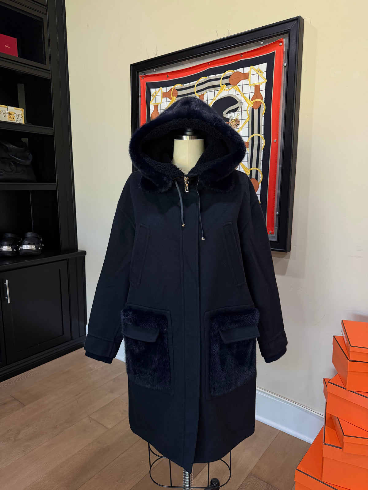 Valentino Midnight Blue Mink Pocket Hooded Coat