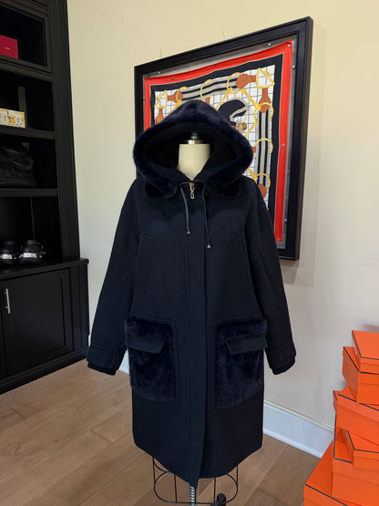 Valentino Midnight Blue Mink Pocket Hooded Coat
