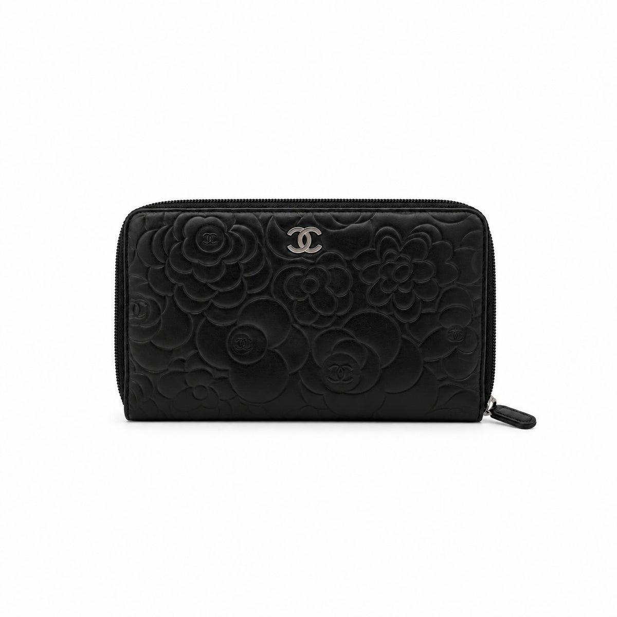 Chanel Camellia Embossed Leather Zip Around Wallet Black SHW