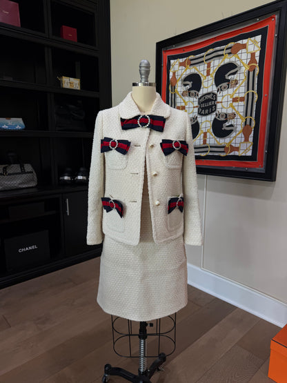 Gucci Ivory Bow Crystal Tweed Skirt Set