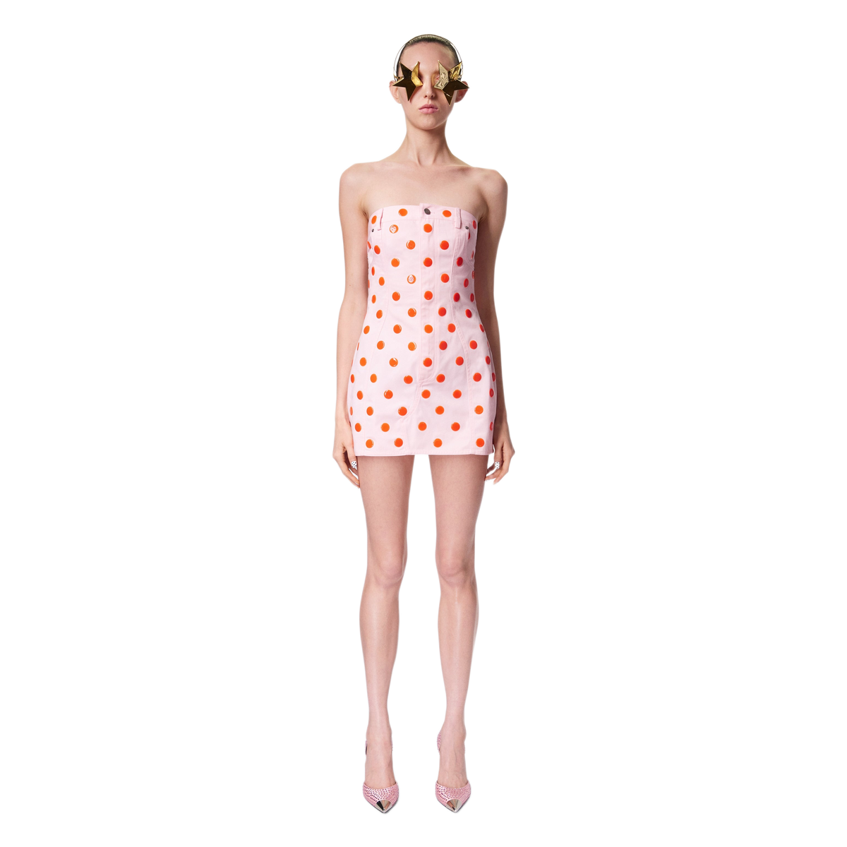 Area Pink Polka Dot Strapless Mini Dress