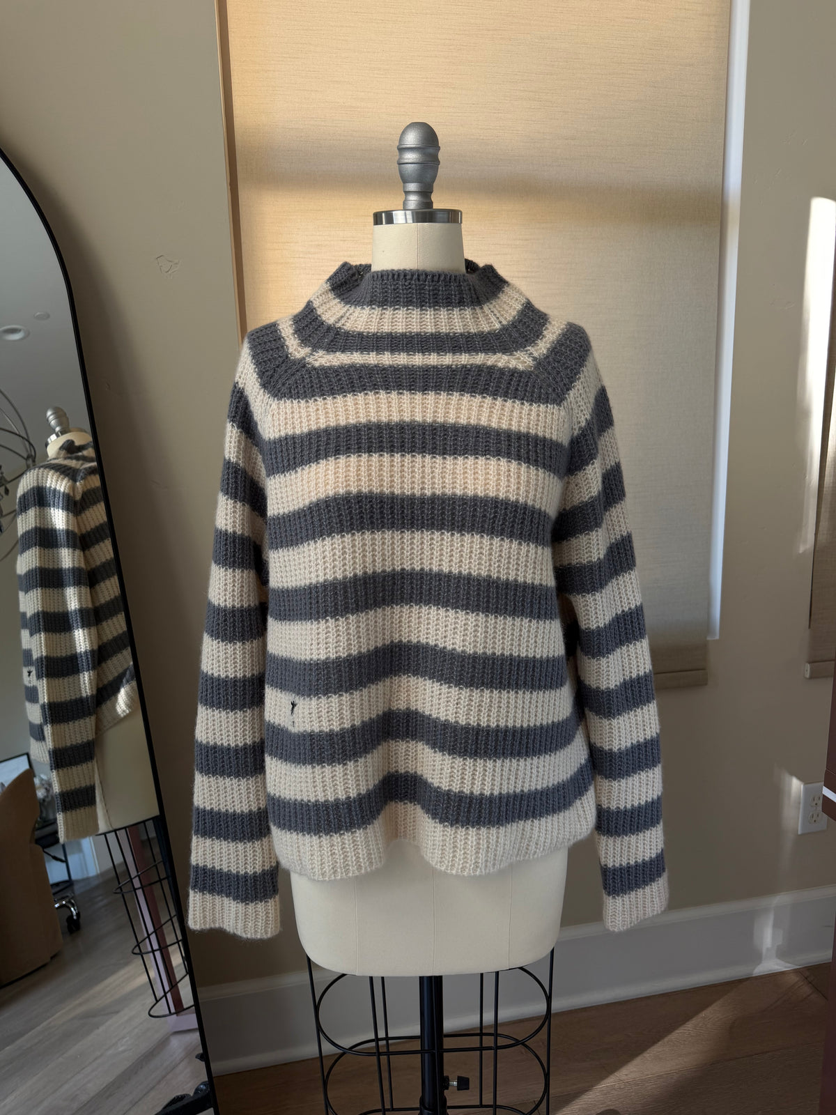 Dior Beige-Gray Striped Bee Embroidered Turtleneck Sweater