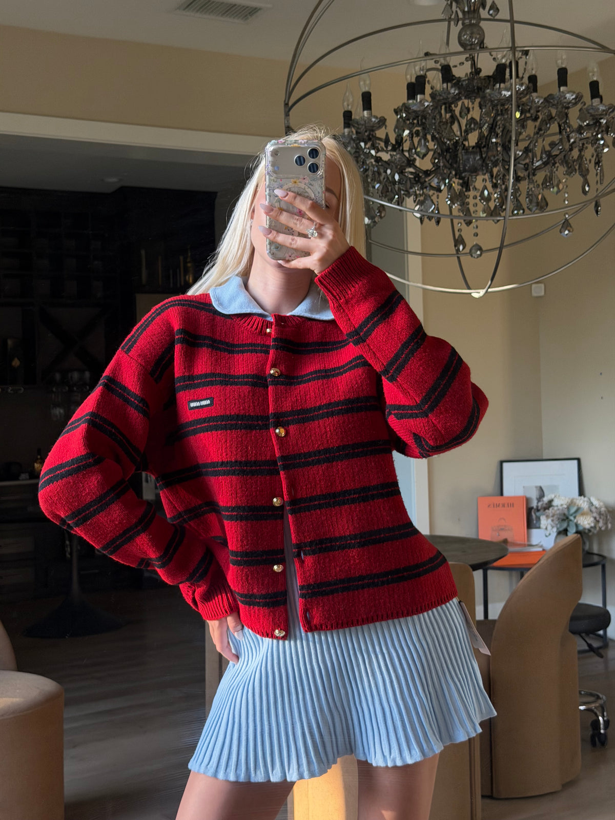 Miu Miu FW24 Red & Black Striped Gold-Button Cardigan