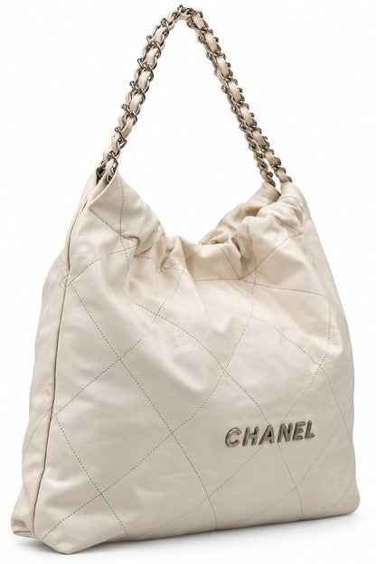 Chanel Quilted Fabric Logo Charm Chain Tote White SHW