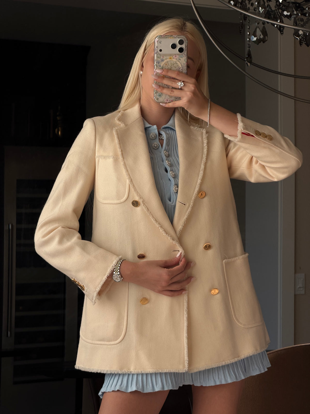 Thom Browne Beige Double-Breasted Gold-Button Wool Blazer