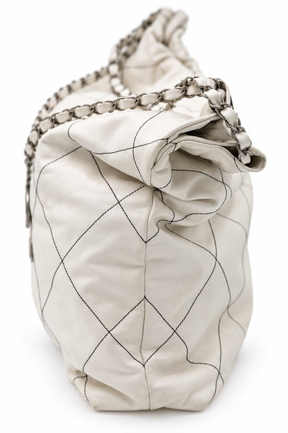 Chanel Quilted Fabric Logo Drawstring Chain Tote White
