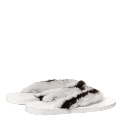 Valentino Garavani White and Brown Mink Flop Flops