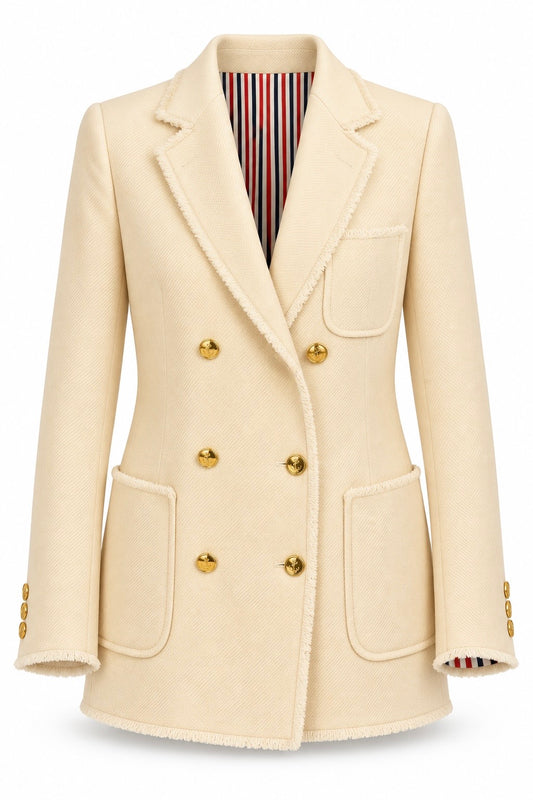 Thom Browne Beige Double-Breasted Gold-Button Wool Blazer