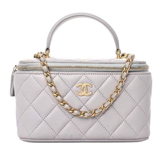 Chanel Lambskin Quilted Small Top Handle Vanity Case With Chain Light Grey