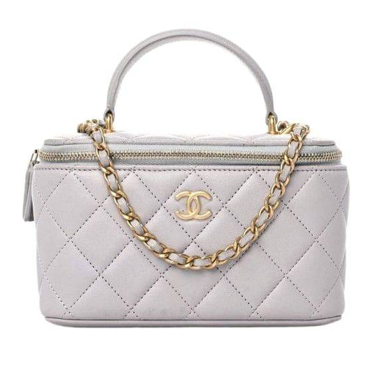 Chanel Lambskin Quilted Small Top Handle Vanity Case With Chain Light Grey