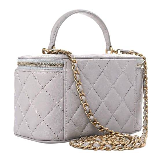 Chanel Lambskin Quilted Small Top Handle Vanity Case With Chain Light Grey