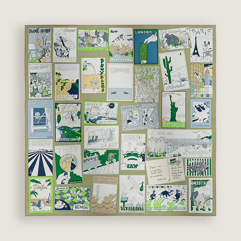 Hermès On Est Bien Ici ! Scarf 90 Kaki / Blanc / Bleu Glacier