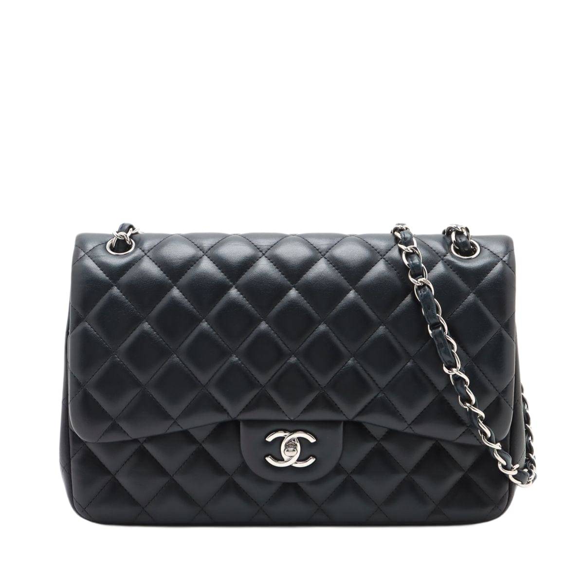CHANEL Lambskin Quilted Jumbo Double Flap Bag in Navy Blue