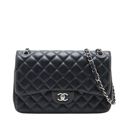 CHANEL Lambskin Quilted Jumbo Double Flap Bag in Navy Blue