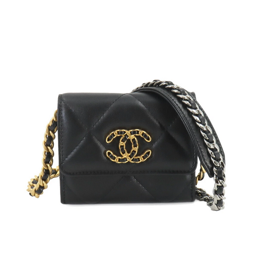 CHANEL 19 Flap Coin Purse Chain Coin Case Leather Black
