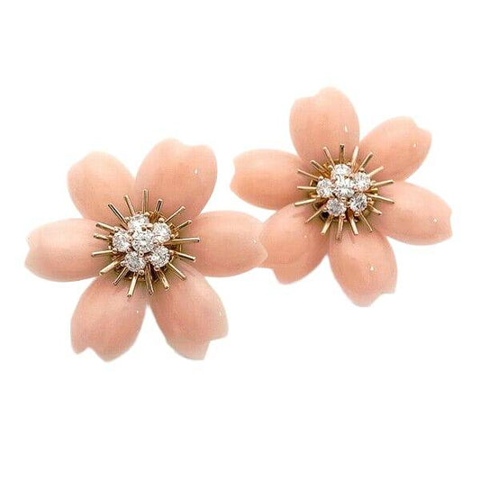 Van Cleef & Arpels Rose de Noel Small Model Coral Diamond Earrings in K18 Yellow Gold