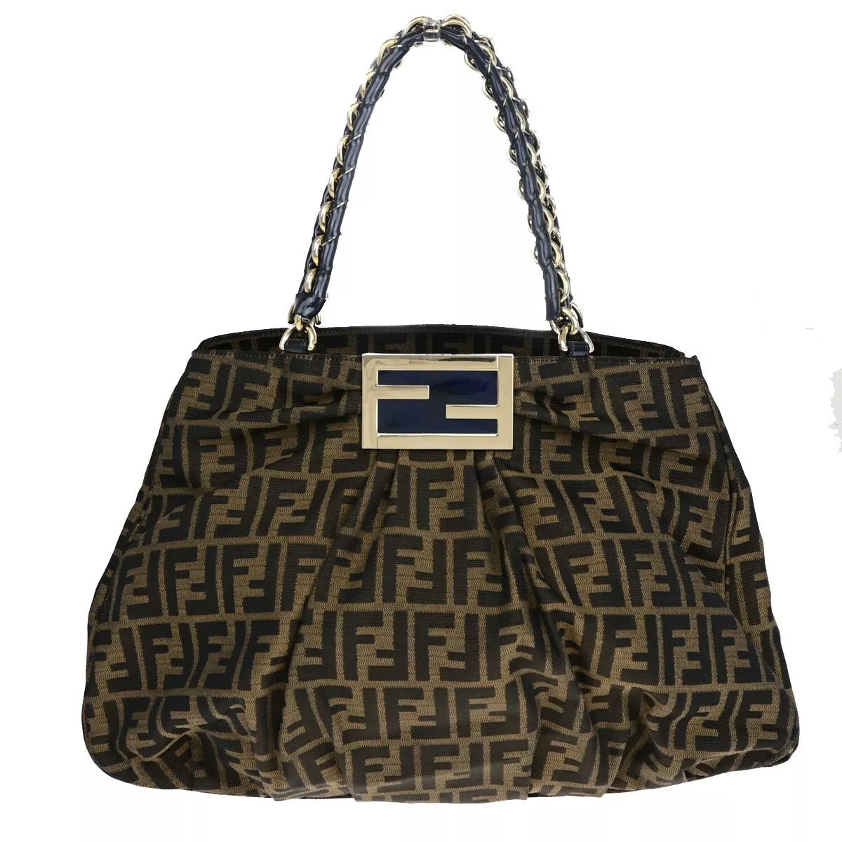 FENDI Zucca Pattern Chain Shoulder Tote Bag – Brown Canvas/Patent Leather