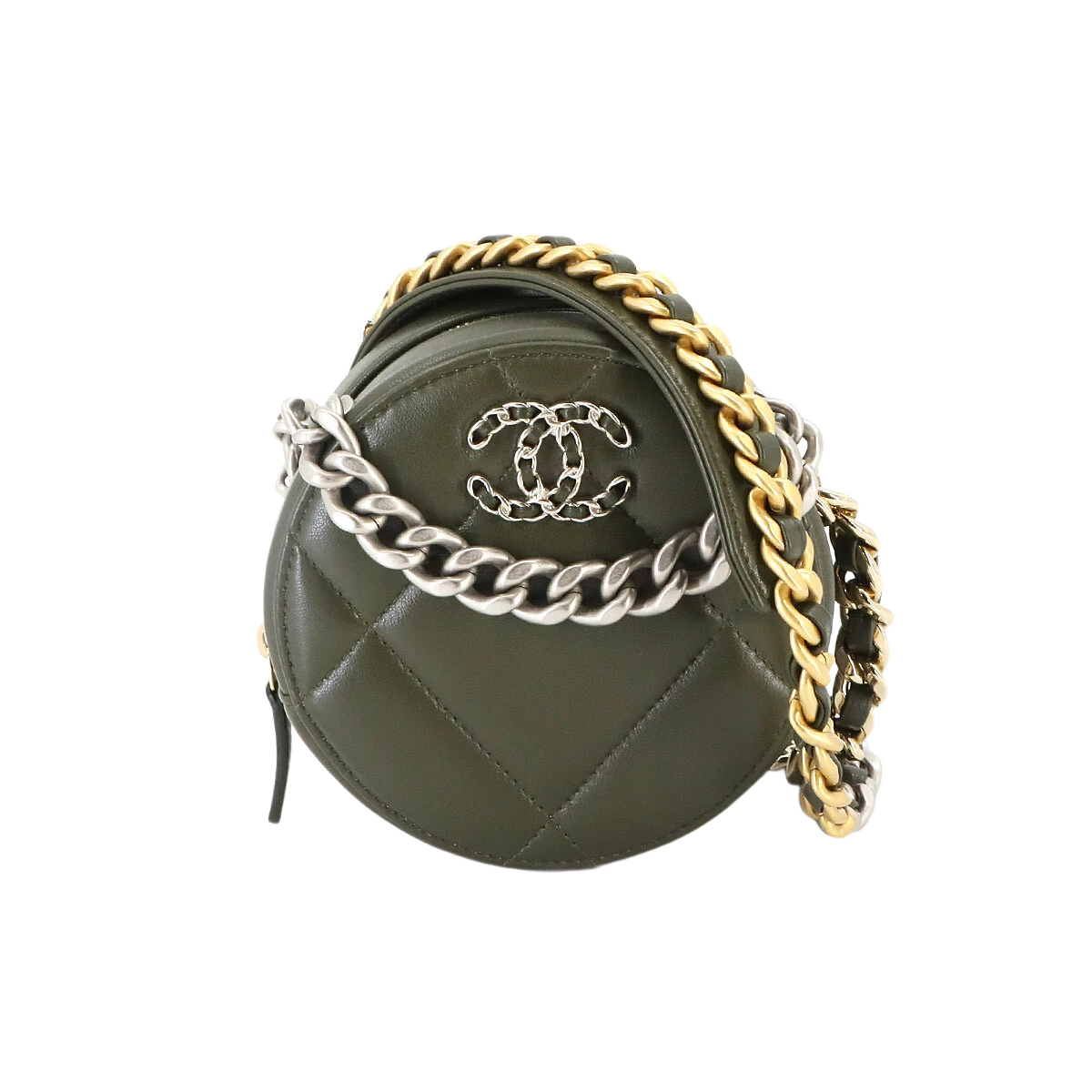 CHANEL 19 Round Clutch Chain Shoulder Bag Leather Khaki Purse