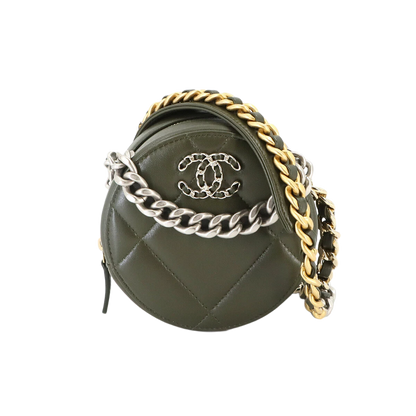 CHANEL 19 Round Clutch Chain Shoulder Bag Leather Khaki Purse