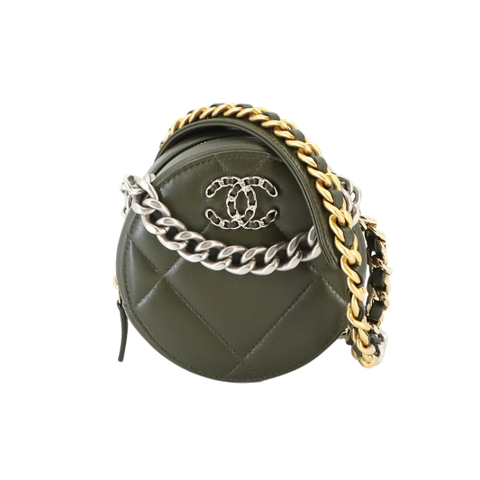 CHANEL 19 Round Clutch Chain Shoulder Bag Leather Khaki Purse