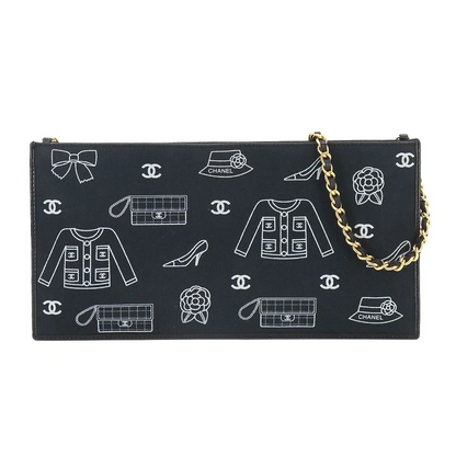 CHANEL Icon Print Chain Shoulder Bag Canvas Leather Black Purse