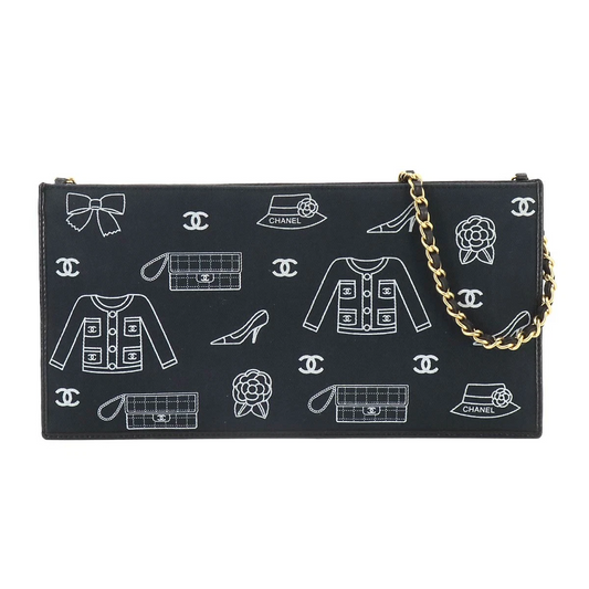 CHANEL Icon Print Chain Shoulder Bag Canvas Leather Black Purse