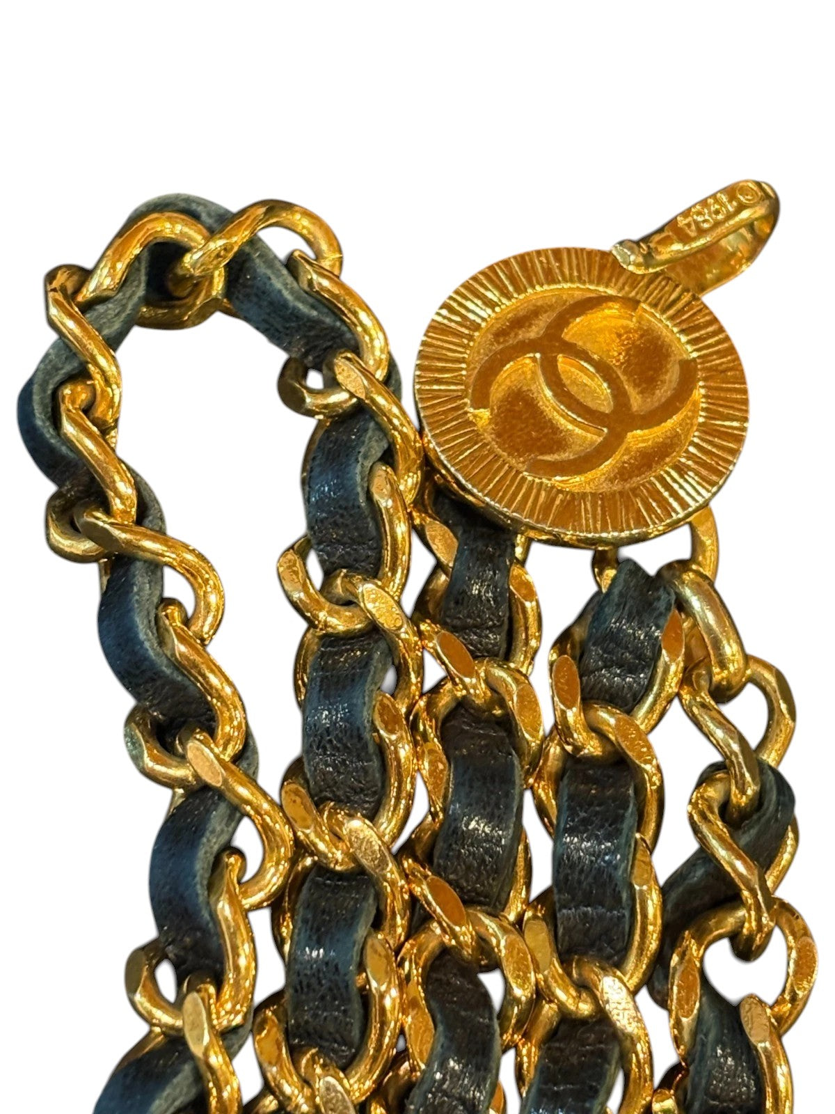 Chanel CC Logo Chain Belt in Gold with Navy Leather