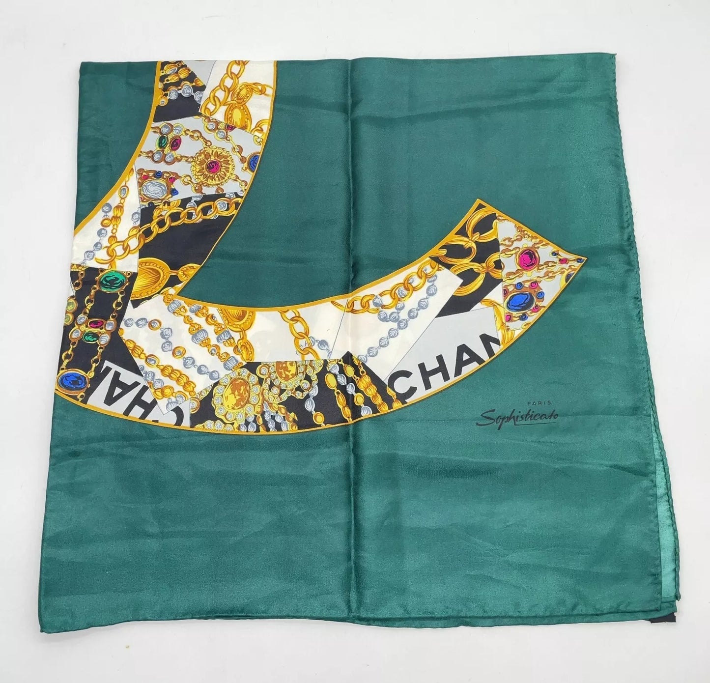 Chanel Coco Mark Green Multicolor Silk Scarf