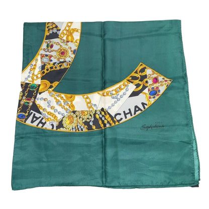 Chanel Coco Mark Green Multicolor Silk Scarf