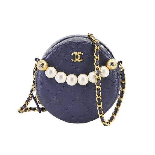 CHANEL Matelasse Round Chain Shoulder Bag Leather Navy Purse