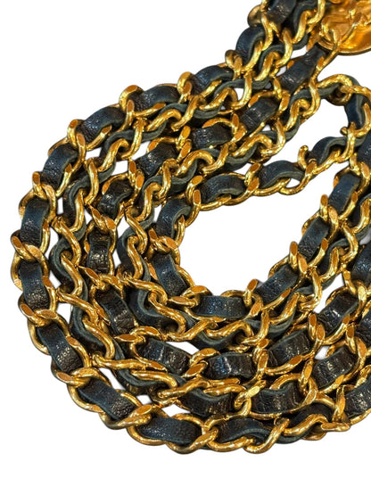 Chanel CC Logo Chain Belt in Gold with Navy Leather