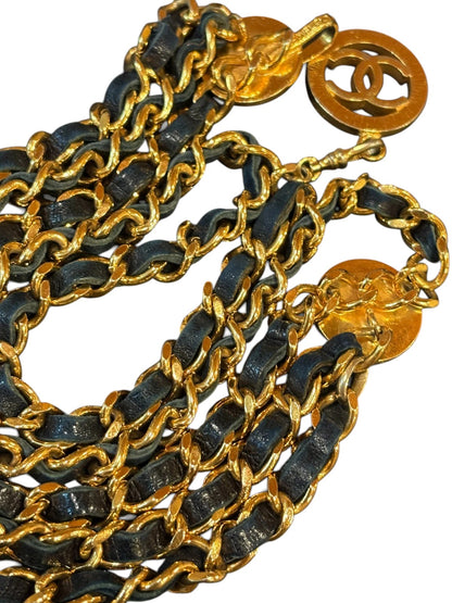 Chanel CC Logo Chain Belt in Gold with Navy Leather