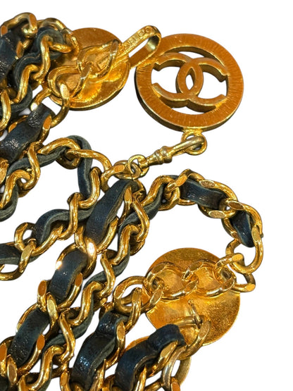 Chanel CC Logo Chain Belt in Gold with Navy Leather