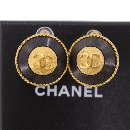 CHANEL CC Logos Used Round Circle Earrings Gold Black Clip-On 93A