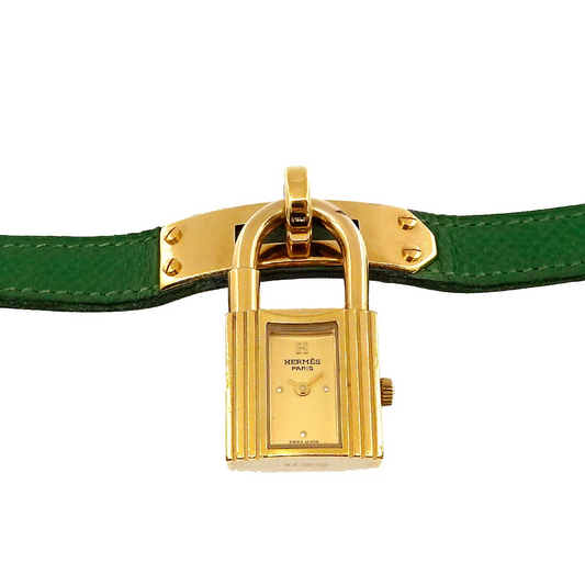 HERMES Kelly Watches Quartz Gold Dial Green Vintage Cadena Ladies Watch