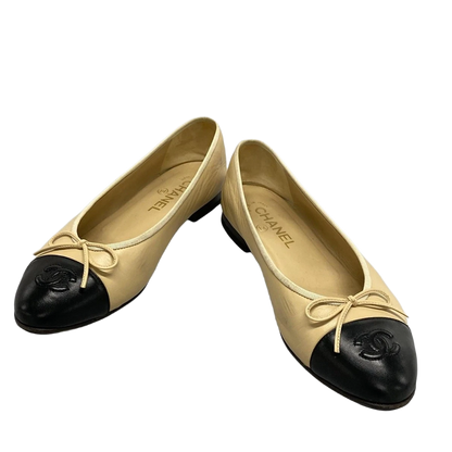 CHANEL Beige Black Lambskin Women's Shoes