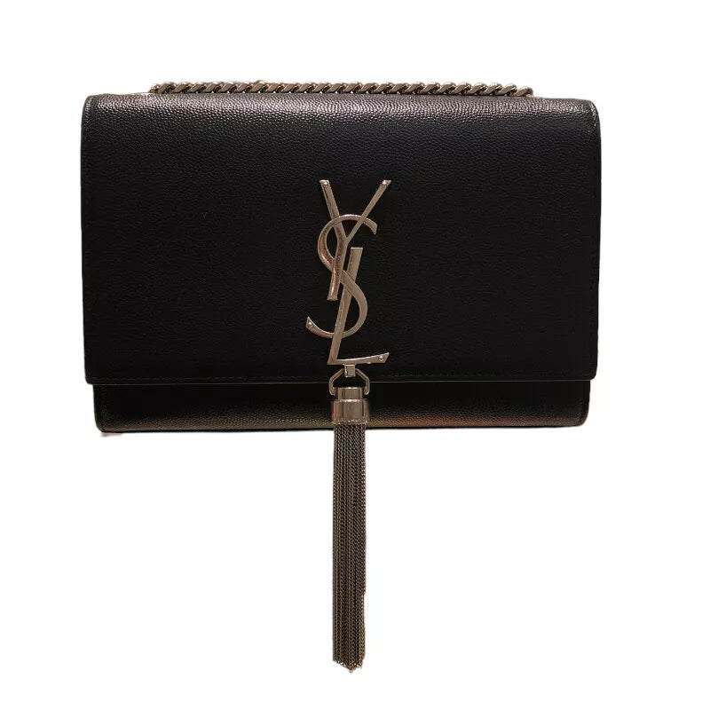 Auth SAINT LAURENT Kate Tassel Small Shoulder Bag In Black Grain Leather