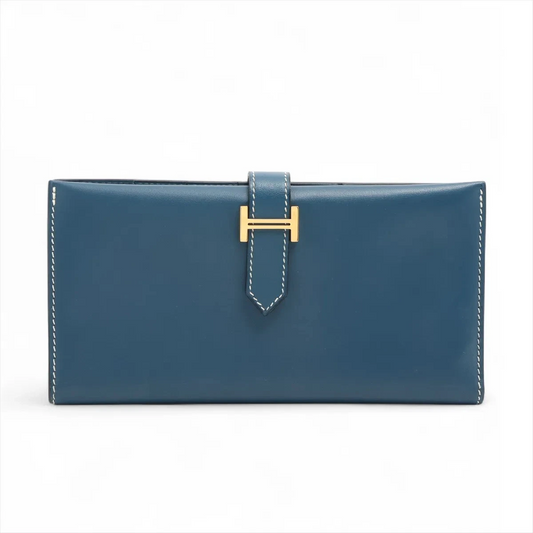 Hermès Bearn Box Calf Long Wallet Blue Gold Metal Fittings G Stamp 2003