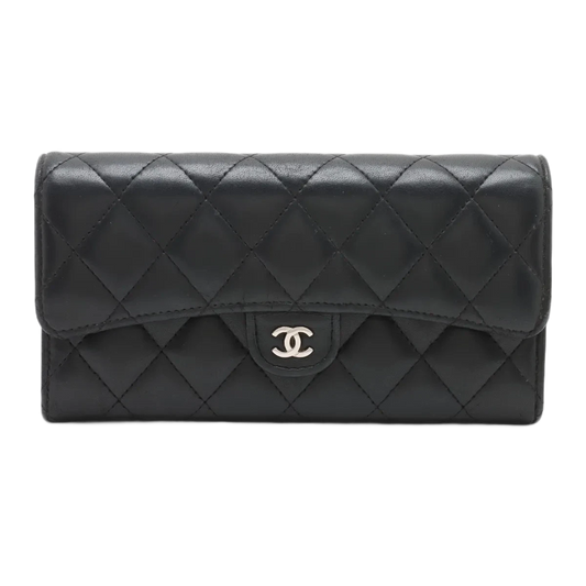 Chanel Matelasse Lambskin Long Wallet Black Silver Metal Fittings
