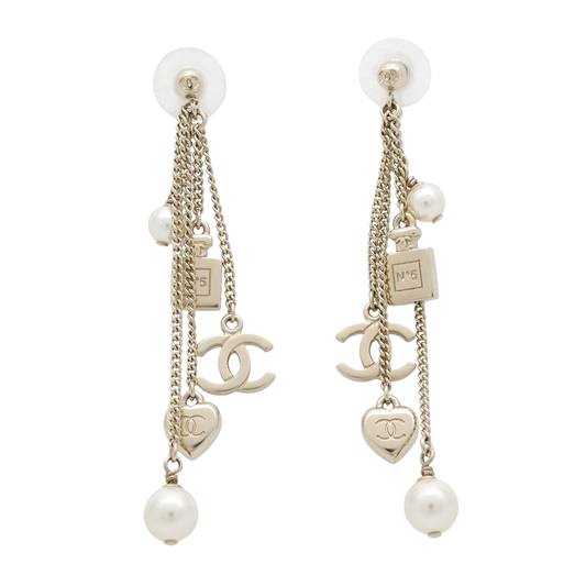 CHANEL CC Logo Perfume Bottle Heart Pearl Earrings Metal Faux Pearl Gold