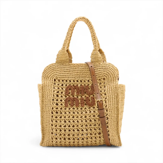 Miu Miu Straws x Leather 2 Way Handbag Beige